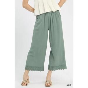 Umgee Linen Wide Leg Cropped Pants with Lace Trim